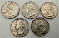 5 - 90% Silver Quarters 1962-1964