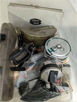 TRAY OF FISHES, REELS, FLY REELS, MISC VINTAGE