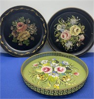 Hand Painted 3 Pcs Round Trays Vintage