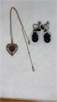 Gold tone Purple Heart Stone necklace earrings