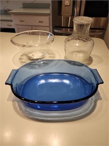 Wedgwood Crystal bowl glass carafe & blue Pyrex ca