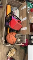 Vintage red wooden wagon and sporting goods