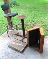 Wood File Box, Iron Table Base, Shop Stool