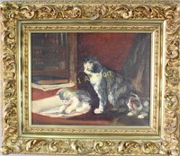 Late 1800s Oil on Canvas "Kittens & Mother Cat"