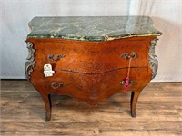 French Marquetry Inlay Marble Top Bombe Commode