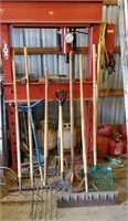 Hand tool assortment, shingle rake, pitch fork,