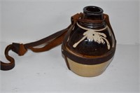 Signed Pottery Canteen with Leather Strap. No Lid