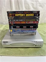 Apex DVD player and stack of mostly new DVDs