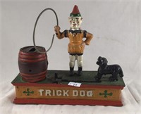 Clown & Dog Hoop Penny Bank Iron Trick Dog 8x3