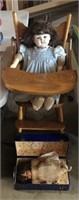 Vint Wood High Chair, 2 Vint Dolls