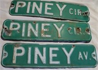 3 Street Signs "Piney Cir & Piney Ave", 24" x 6"