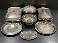 Silver Plate Chaffing Dish, Pedestal Bowl, Platter