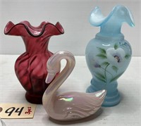3pcs Fenton Glass - Swan, Painted Blue Vase ++