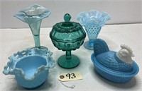 Blue Decorative Glass Lot - Hen on Nest, Vases ++