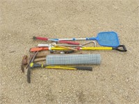 Wire fencing, 3 pick axes, dip net, misc.