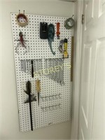Peg Board w/ Wrenches, Stud Finder, Tape, Etc.