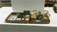 2 boxes jewelry, miniature wicker set and music
