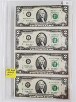 Uncut Sheet Four 2003 $2 Dollar Bills