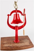 Vintage Cast Iron Bell Fire Alarm on Wood Base