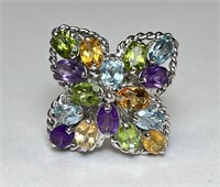 Stunning Multi Stone Sterling Ring 11 Gr Size 7.5