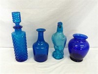 4 nice blue glassware pieces - hawk decanter,