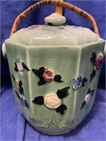 Majolica Biscuit Jar with Rattan w/ Handle