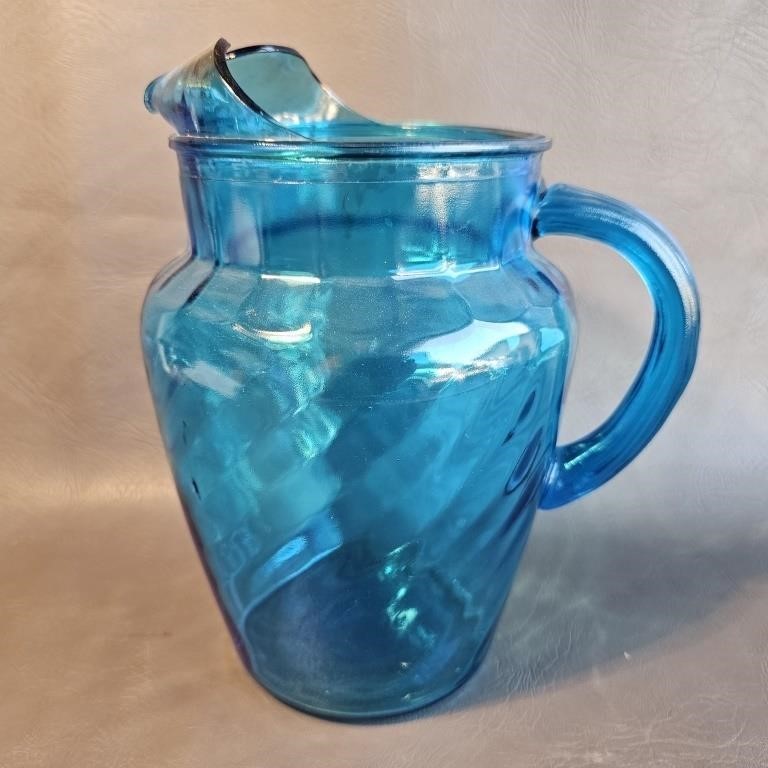 Vintage Blue Glass Water Pitcher -Iced Tea, Juice