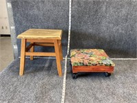 Wooden Stool and Foldable Footrest on Wheels