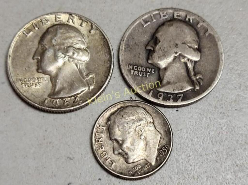 silver quarters & dimes 1937, 64, 1959 dime
