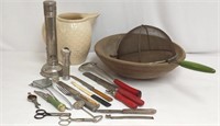 Vintage Wood Carved Bowl, Pitcher, Kitchen Tools
