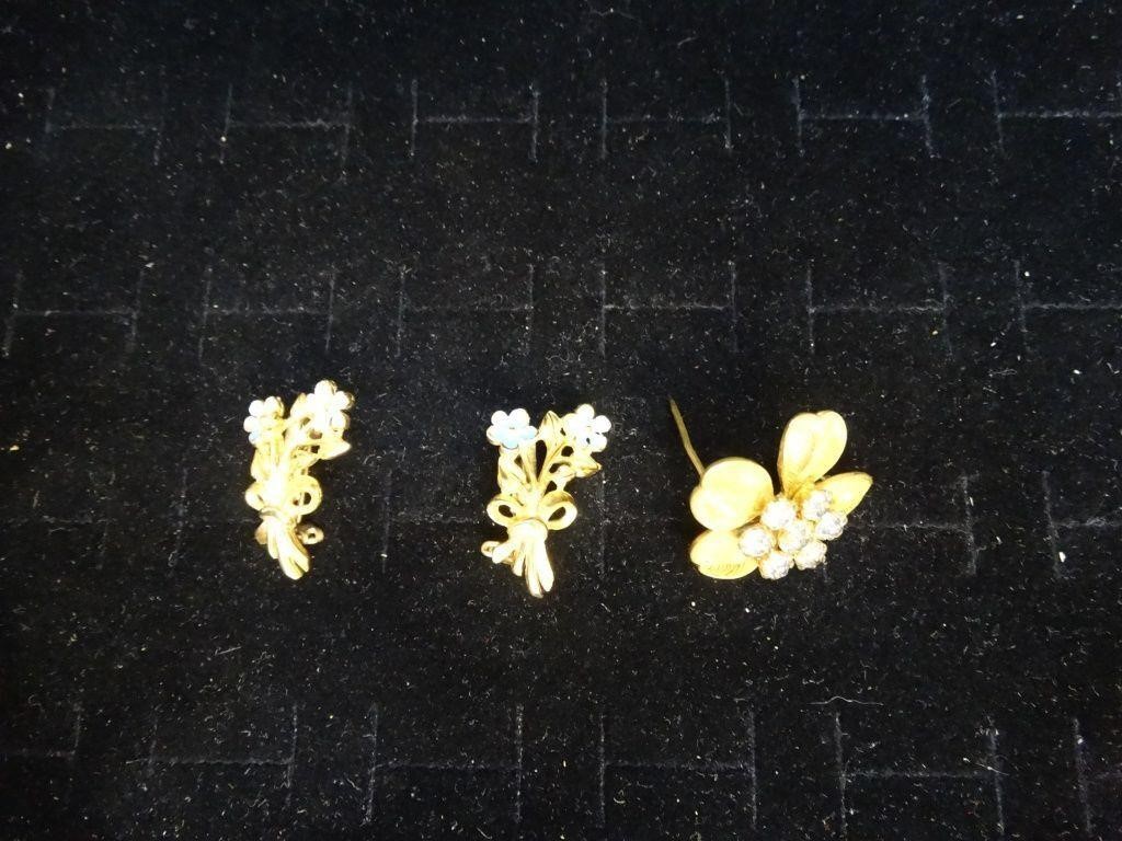 Vtg Rhinestone 4-Leaf Clover & Forget-Me-Not Pins