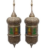 Moroccan-Manner Lanterns, Brass & Glass, Pair