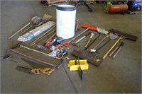 Barrel w/Yard Tools, Hoof Trimmer, Hand Saws,