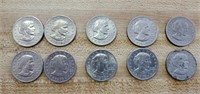 10 Susan B Anthony Dollar Coins 1979, 8-P, 2-S