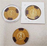 3 New Brown Derby $5 Casino Chips
