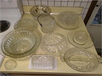 Glass serving bowls, relish trays, butter cover,