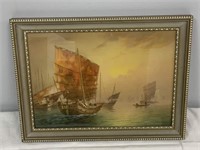 Print of Terauchi Watercolor, Junk Boat in Harbor