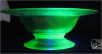 Footed Green Vaseline Candy Dish & Blue Etched