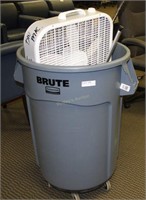 Brute trash can, box fan & cleaning supplies