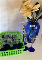 LARGE COLBALT GLASS VASE, CHAMP FLUTES,ETC