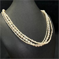 Sterling Flower Clasp Triple Strand Pearl Necklace