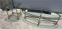 Brass coffee and side table hove feet glass tops