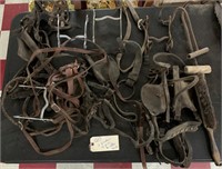 Old farm primitive horse bits blinders leather