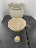 Vintage pottery crock , bowl, and bell