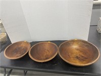 3 wooden pottery bowls