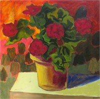 Nixie Barton, oil on canvas, 24 x 24", geraniums