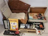 T - BASKET W/ LINENS, QUILTING BOOK, CURLING IRON