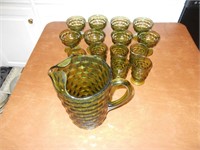 16 Piece Set of Green Glass Pitcher and Cups