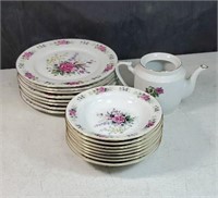 Plates saucers and a matching teapot