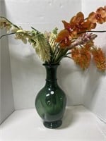 17 " Green Glass Vase With Faux Flowers, 30 "